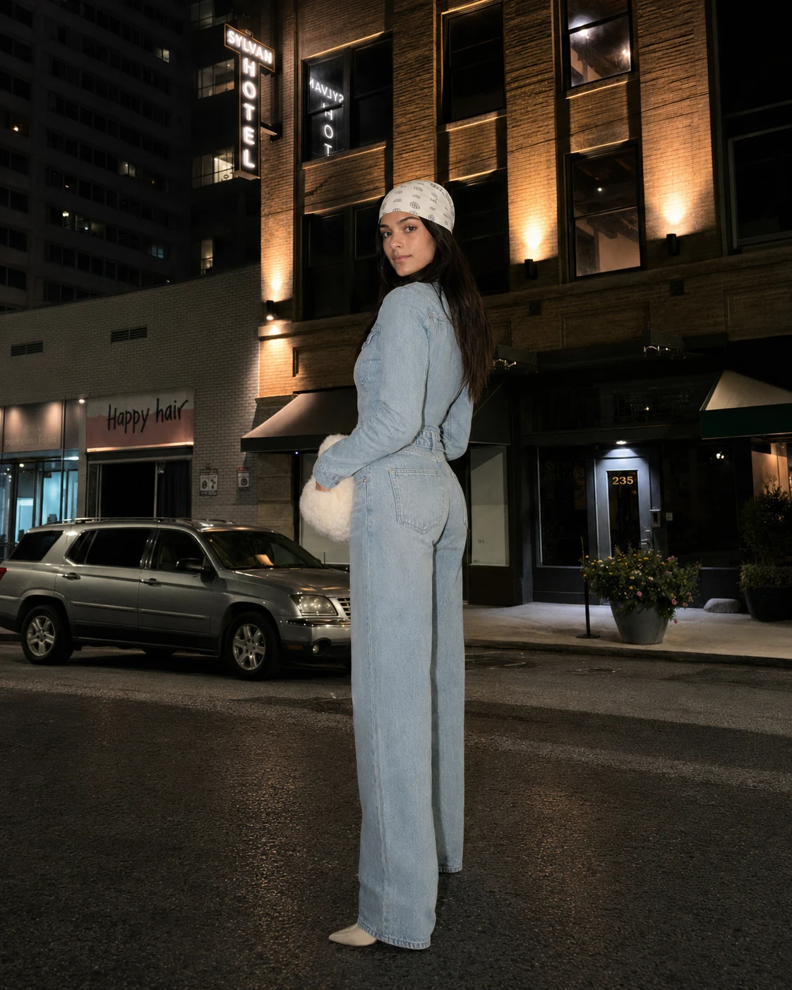 Full-length denim look photographed at night