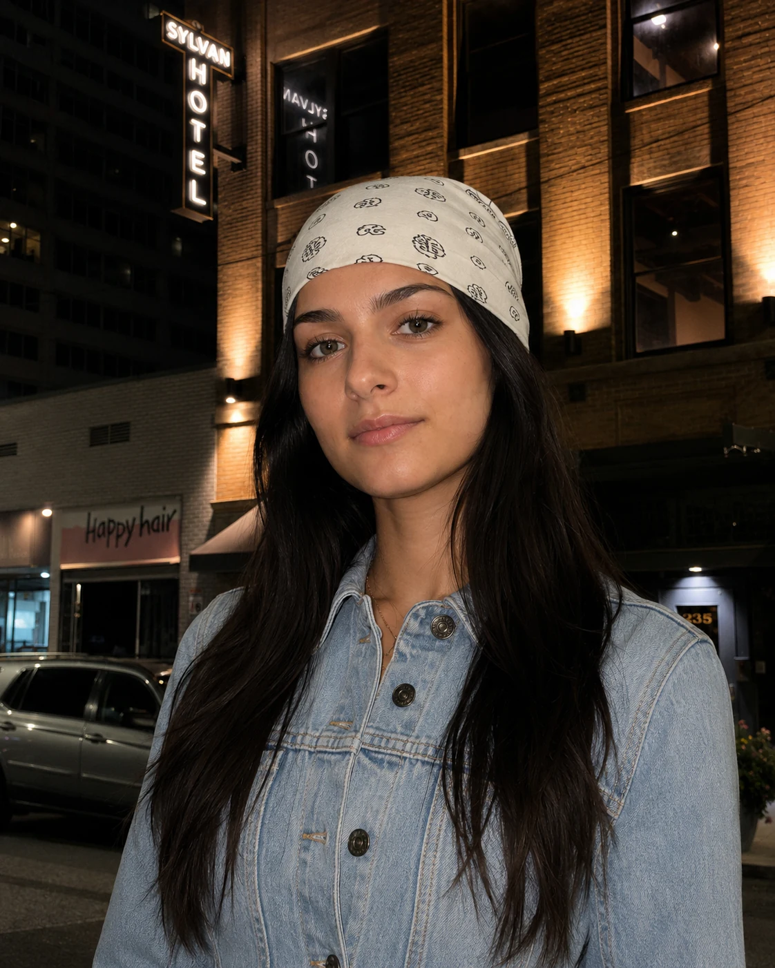 Night fashion portrait in denim and a printed headscarf